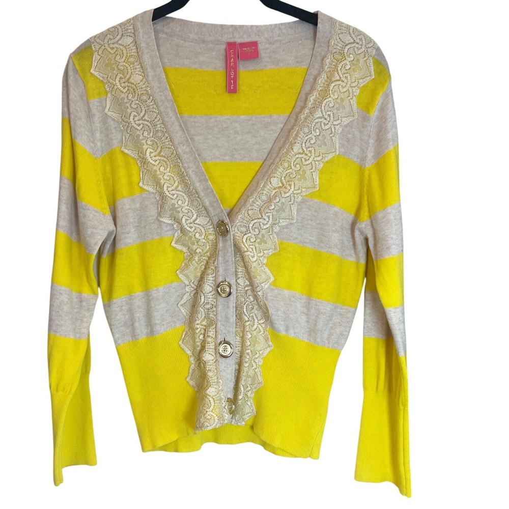 Charlotte Tarantola‎ Yellow Oatmeal Striped Lace Trim Cotton Cardigan Large L